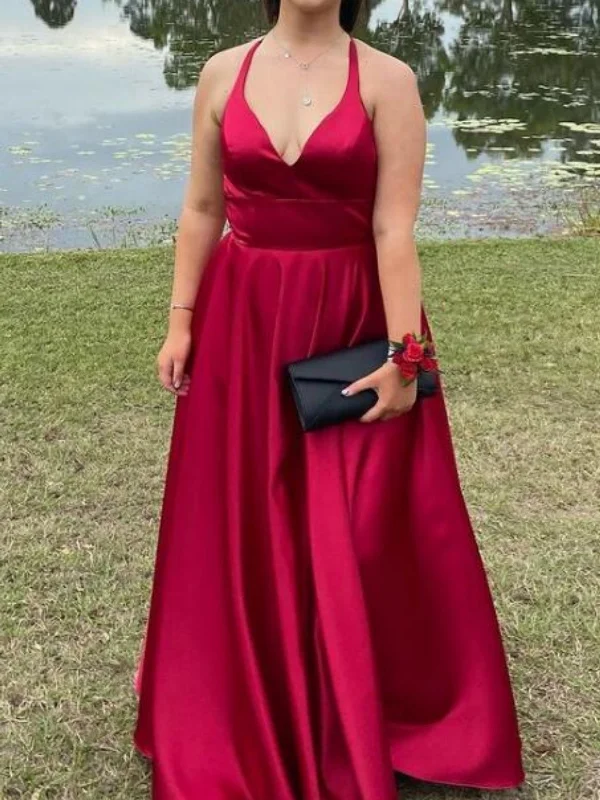 Online Only A Line V Neck Backless Burgundy Long Prom Dresses, V Neck Burgundy Formal Graduation Evening Dresses SP2514