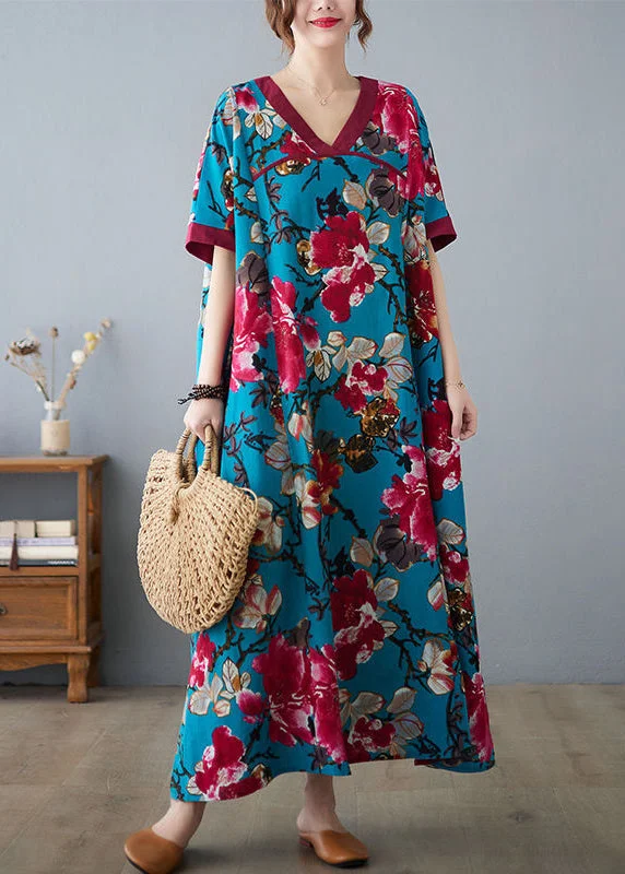 casual dresscasual dressElegant Blue V Neck Patchwork Print Cotton Dresses Short Sleeve