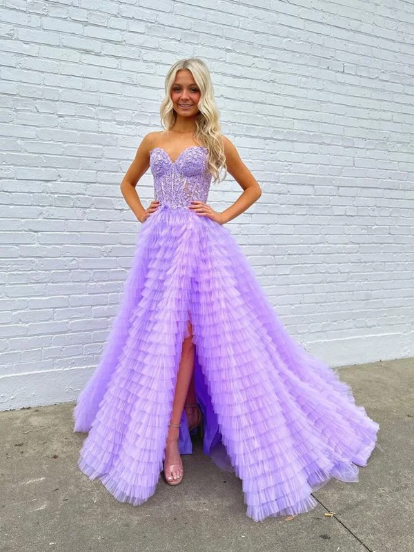 form-fitting dressform-fitting dressStrapless Ruffle Purple Lace Long Prom Dresses with High Slit, Purple Lace Formal Dresses, Long Purple Evening Dresses SP3042