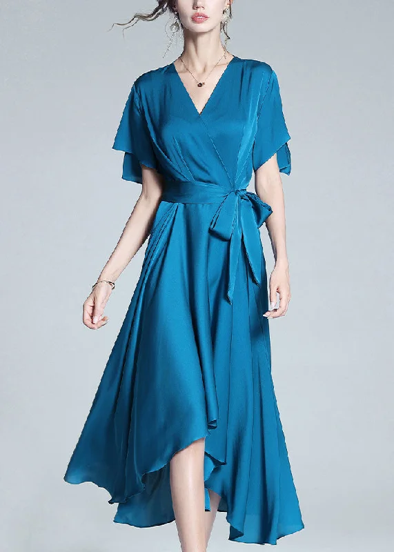 vintage dressvintage dressElegant Blue V Neck Tie Waist Solid Silk Long Dresses Summer