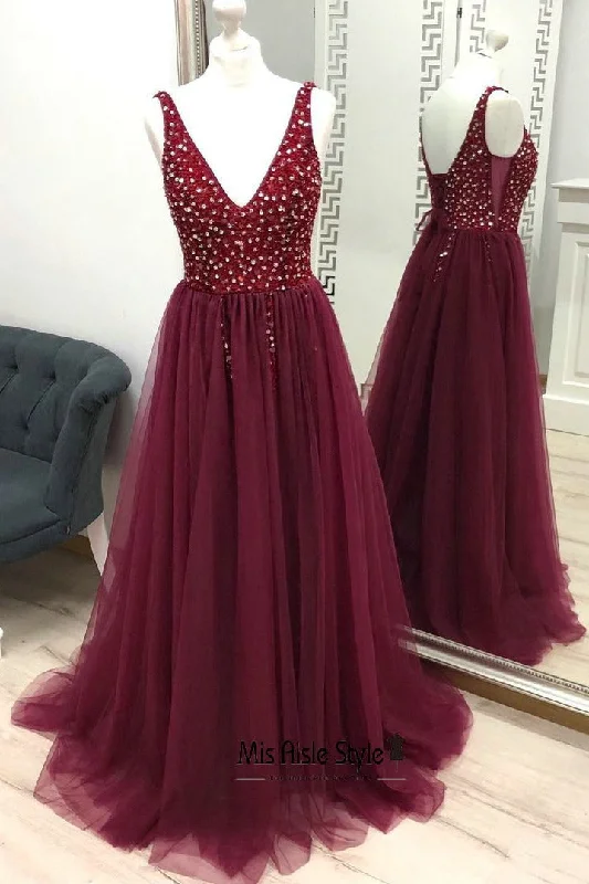 cocktail dresscocktail dressElegant V-neckline Burgundy Beaded Prom Dress