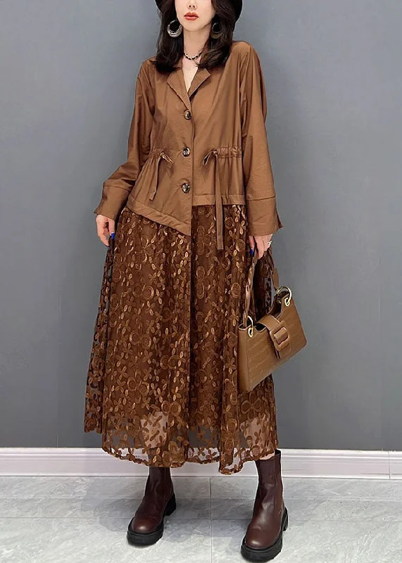 puff sleeve dresspuff sleeve dressFrench Chocolate Notched Collar Drawstring Patchwork Tulle Silk Cinch Dress Fall