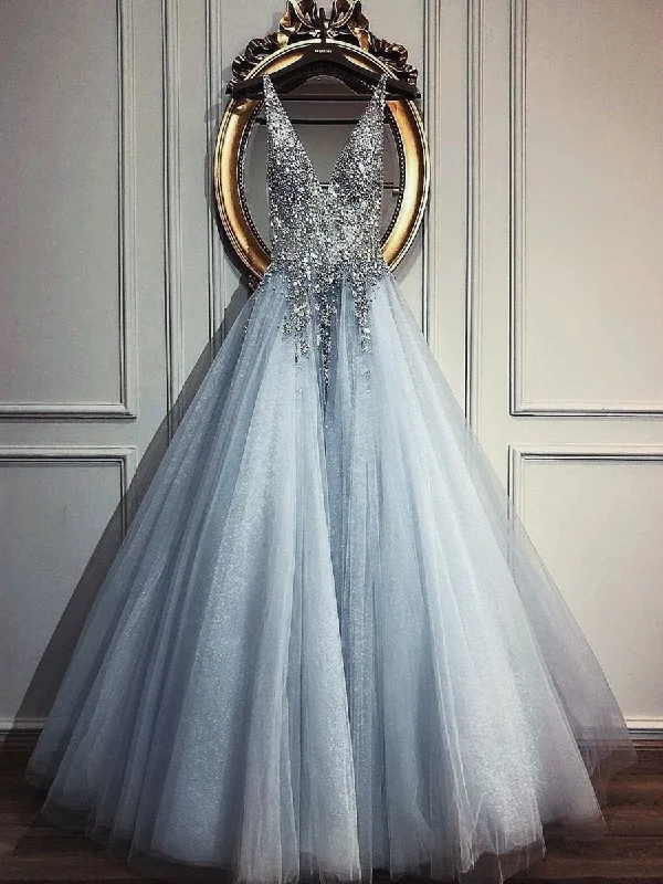 Take Advantage A Line V Neck Beaded Sequins Blue Tulle Long Prom Dresses, Blue Formal Dresses, V Neck Blue Evening Dresses