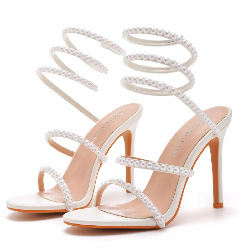 modern dressmodern dressWhite Pearl Ankle Strap Pointy Stiletto heel Sandals  712542089589