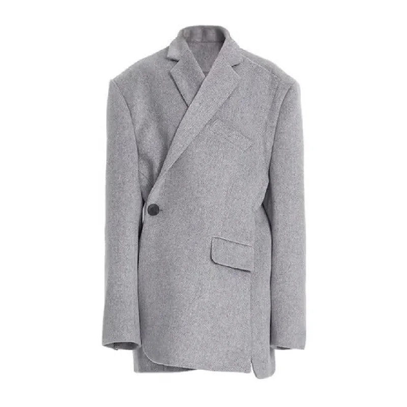 Best Bargains Asymmetrical Lapel Strong Shoulder One Button Oversized Woolen Coat