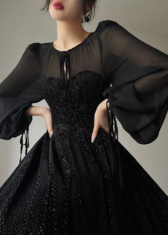 velvet dressvelvet dressVintage Black O-Neck Tulle Drawstring Patchwork Velour Long Dresses Long Sleeve