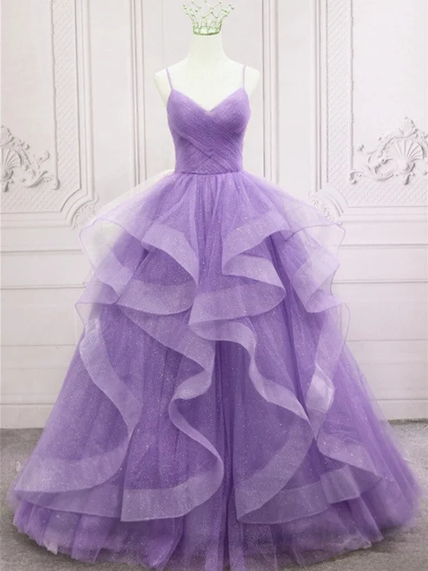 Special Savings V Neck Open Back Fluffy Purple Tulle Long Prom Dresses, Purple Tulle Formal Evening Dresses, Purple Ball Gown SP2494