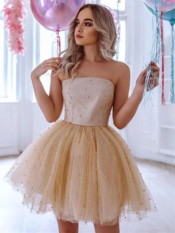 satin dresssatin dressCute Beaded Champagne Tulle Short Prom Dresses, Champagne Formal Graduation Homecoming Dresses with Beadings