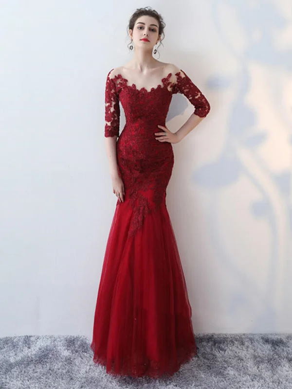 Hurry In Half Sleeves Mermaid Burgundy Lace Prom Dress, Mermaid Burgundy Lace Formal Dress, Mermaid Evening Dress Hurry In Half Sleeves Mermaid Burgundy Lace Prom Dress, Mermaid Burgundy Lace Formal Dress, Mermaid Evening Dress