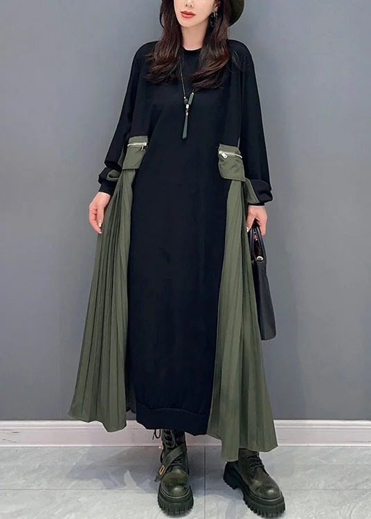 Overstock Sale Italian Black O Neck Wrinkled Patchwork Cotton Long Dresses Fall