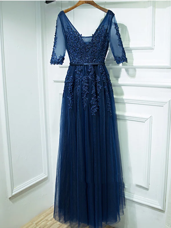 Discount Days V Neck Half Sleeves Navy Blue Lace Prom Dress, Navy Blue Formal Dress, Lace Prom Dress
