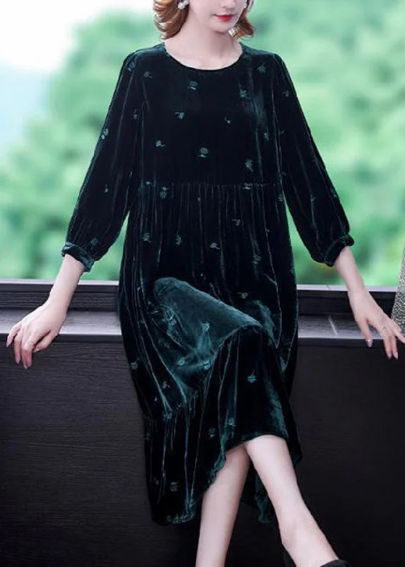 draped dressdraped dressModern Blackish Green Embroideried Patchwork Wrinkled Silk Velour Long Dress Spring