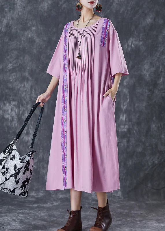 Clearance Sale Elegant Light Purple Oversized Patchwork Wrinkled Linen Dress Half Sleeve