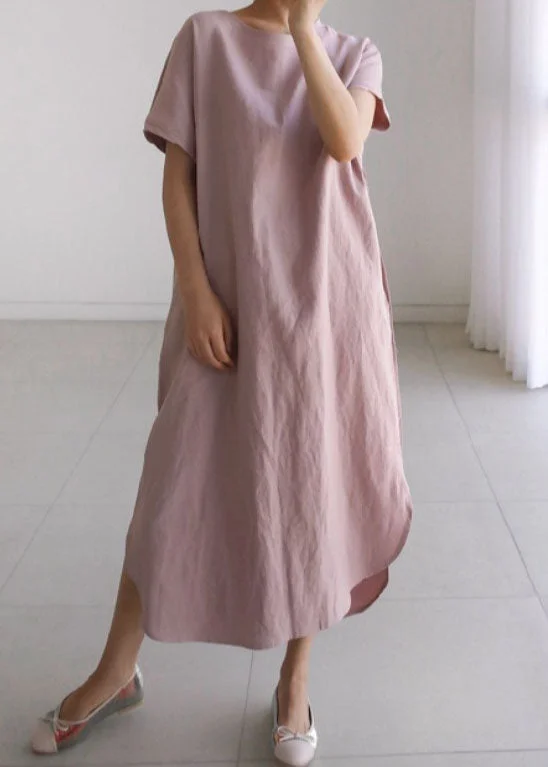 casual midi dresscasual midi dressBrief Pink O Neck Patchwork Loose Cotton Long Dress Summer