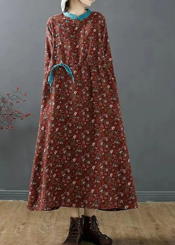 The Best Prices Red Print Pockets Patchwork Cotton Dress Drawstring Fall