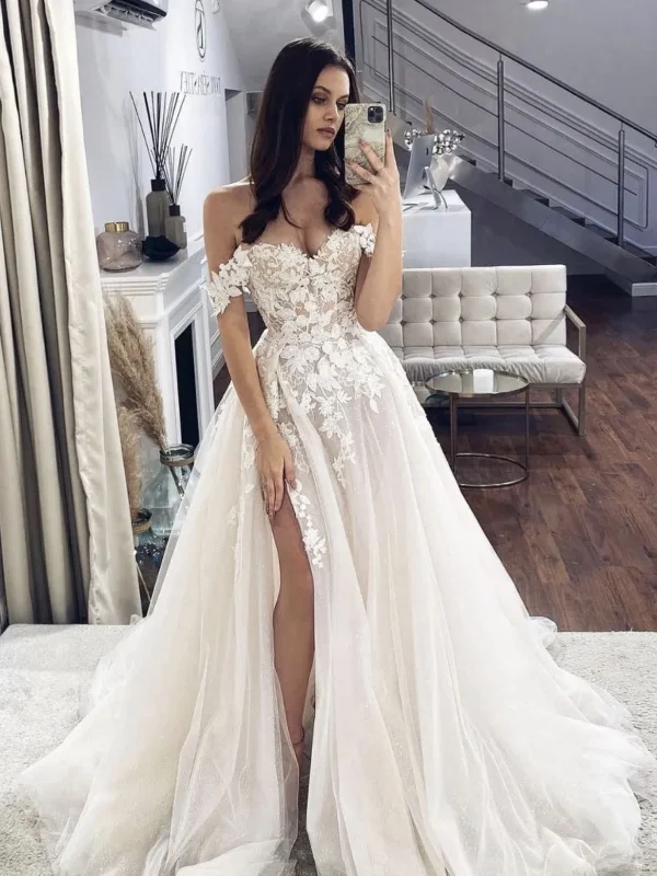 lace-up dresslace-up dressOff Shoulder White Lace Long Prom Wedding Dresses, White Lace Formal Graduation Evening Dresses SP2516