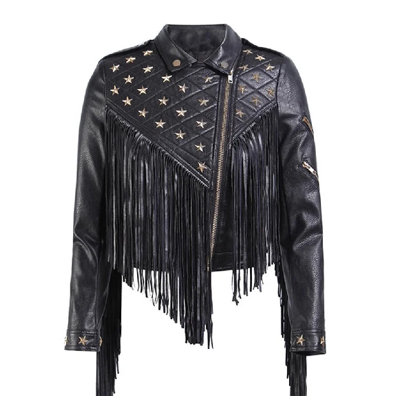Massive Deals Gothic Metal Star Stud Zip Up Long Sleeve Fringe Vegan Leather Biker Jacket Massive Deals Gothic Metal Star Stud Zip Up Long Sleeve Fringe Vegan Leather Biker Jacket