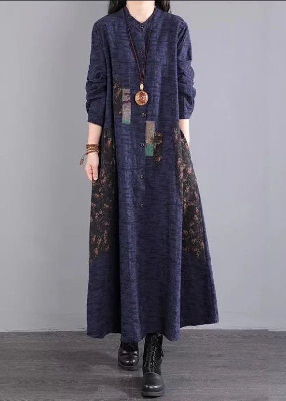 The Best Prices Navy Print Pockets Patchwork Cotton Long Dress Stand Collar Fall