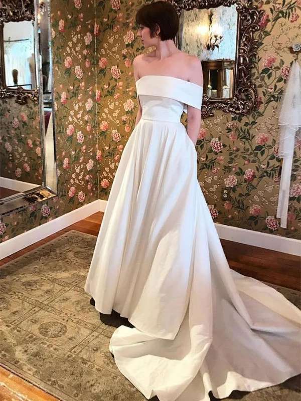 Huge Discounts Off Shoulder White Satin Long Prom Dresses with Train, Off Shoulder White Wedding Dresses, White Formal Dresses, Evening Dresses