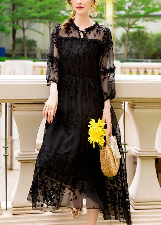 minimalistic dressminimalistic dressHandmade Black Embroideried Hollow Out Silk Dress Summer