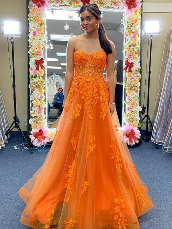 Overstock Strapless Sweetheart Neck Orange Tulle Lace Long Prom Dresses, Orange Lace Formal Evening Dresses SP2201