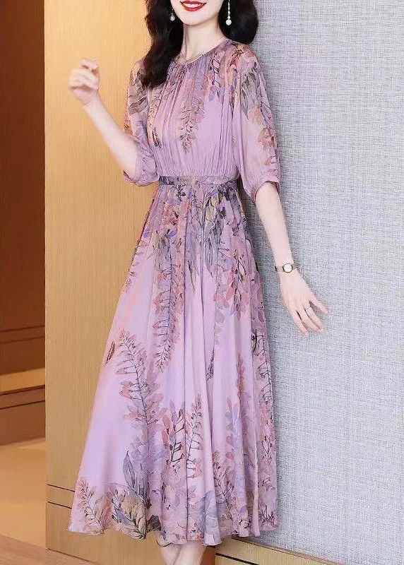 Epic Deals Fashion Purple O-Neck Print Chiffon Maxi Dresses Summer