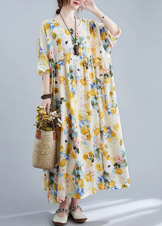 Reduced Prices Yellow Print Cotton Holiday Dress Oversized Wrinkled Half Sleeve