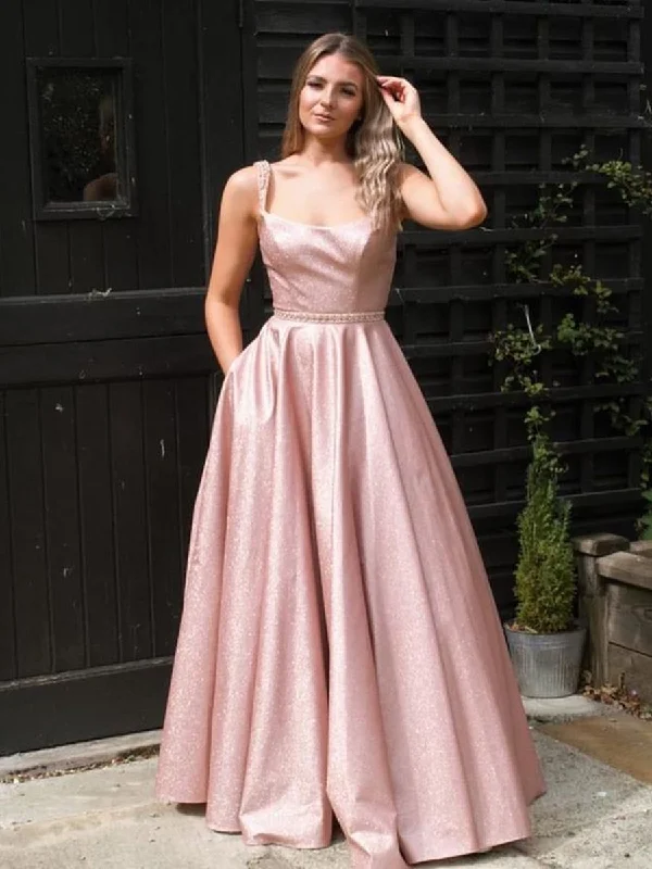 Markdowns Stylish A Line Floor Length Pink Long Prom Dresses with Straps, Shiny Pink Formal Evening Dresses Markdowns Stylish A Line Floor Length Pink Long Prom Dresses with Straps, Shiny Pink Formal Evening Dresses