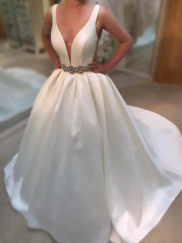Lowest Prices Deep V Neck Backless White  Wedding Dress, Deep V Neck Prom Dresses, White Formal Dresses