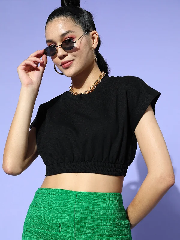 Big Discounts Women Black Terry Drop Shoulder Crop Vest