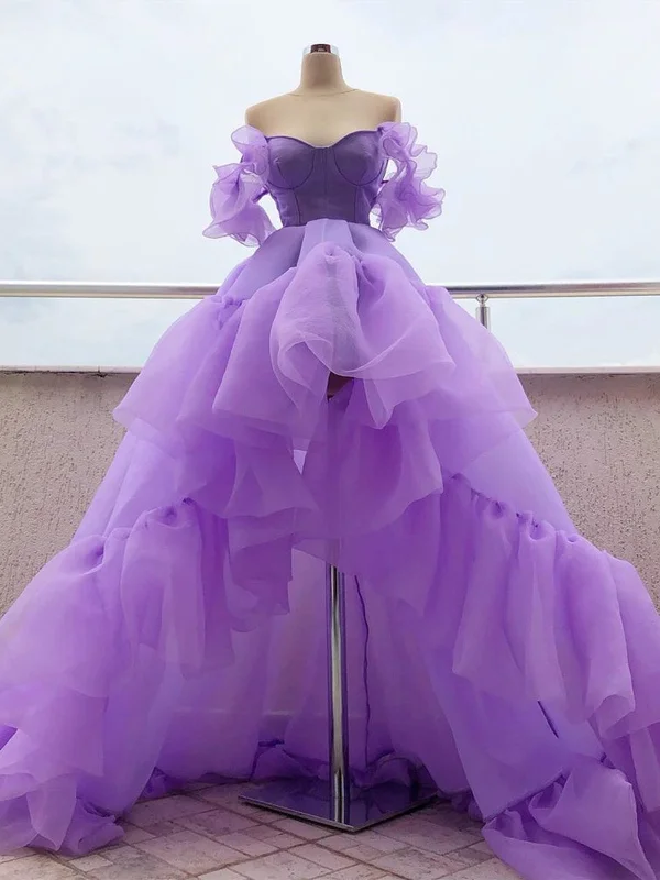 Online Exclusive High Low Off Shoulder Purple Tulle Long Prom Dresses, High Low Purple Formal Dresses, Long Purple Evening Dresses SP2185 Online Exclusive High Low Off Shoulder Purple Tulle Long Prom Dresses, High Low Purple Formal Dresses, Long Purple Evening Dresses SP2185