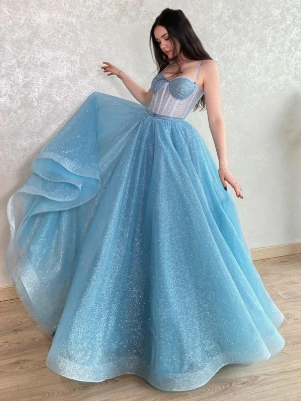 Weekend Deal Shiny Tulle Light Blue Long Prom Dresses, Sparkly Blue Formal Evening Dresses, Blue Ball Gown SP2541