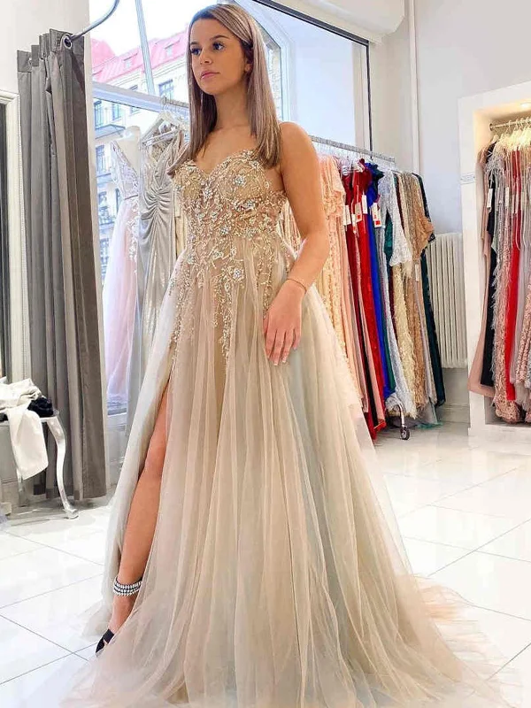 Exclusive Preview V Neck Open Back Gray Tulle Beaded Long Prom Dresses with High Slit, Beaded Gray Formal Evening Dresses SP2250 Exclusive Preview V Neck Open Back Gray Tulle Beaded Long Prom Dresses with High Slit, Beaded Gray Formal Evening Dresses SP2250