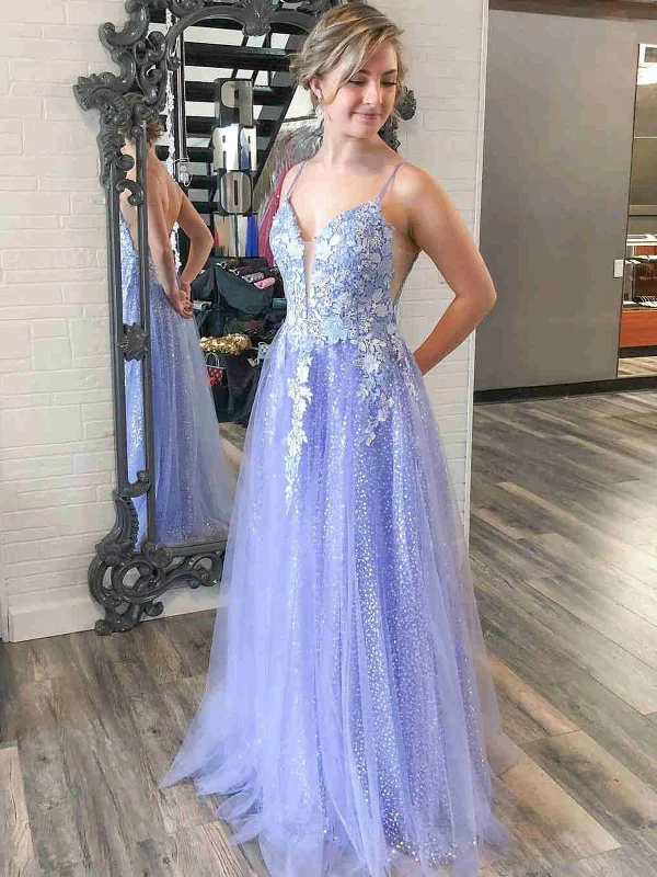 New Markdowns V Neck Backless Purple Lace Long Prom Dresses with 3D Flowers, Shiny Purple Lace Floral Formal Graduation Evening Dresses SP2262