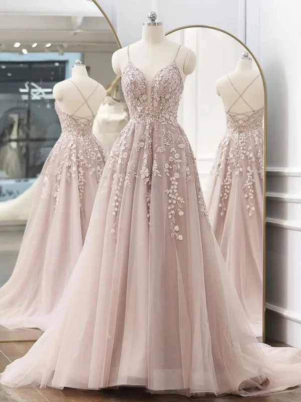 Limited Time Offer A Line V Neck Backless Pink Lace Floral Long Prom Dresses, Pink Lace Formal Graduation Evening Dresses SP2114 Limited Time Offer A Line V Neck Backless Pink Lace Floral Long Prom Dresses, Pink Lace Formal Graduation Evening Dresses SP2114