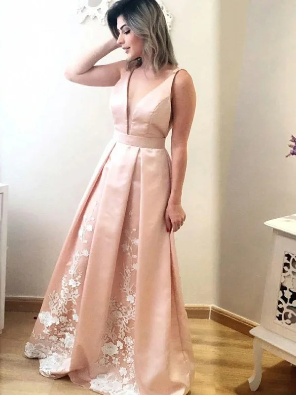 Take Advantage Pink A Line V Neck Floor Length Lace Appliques Pleated Satin Long Prom Dresses, V Neck Pink Formal Graduation Evening Dresses