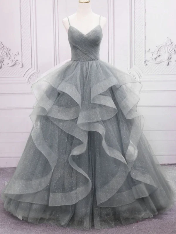 Act Now Shiny V Neck Fluffy Gray Tulle Long Prom Dresses, V Neck Grey Formal Evening Dresses, Gray Ball Gown SP2542