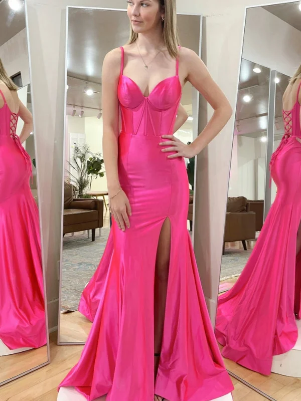 high-waisted dresshigh-waisted dressMermaid Hot Pink Satin Long Prom Dresses with High Slit, Long Hot Pink Formal Graduation Evening Dresses SP2854