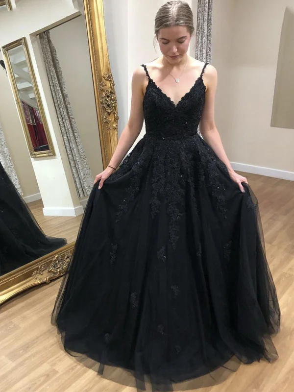 Final Clearance A Line V Neck Open Back Black Lace Long Prom Dresses, Black Lace Formal Dresses, Black Evening Dresses Final Clearance A Line V Neck Open Back Black Lace Long Prom Dresses, Black Lace Formal Dresses, Black Evening Dresses