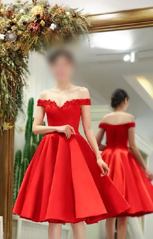 midi dressmidi dressKnee Length Ball Gown Off Shoulder Sleeve Red Party Dress