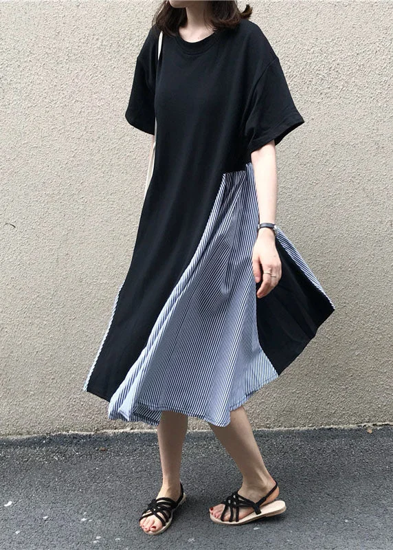 elegant dresselegant dressBoutique Black O Neck Patchwork False Two Pieces Cotton Dress Summer