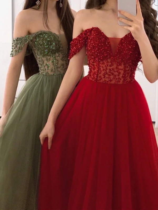 Deal Dash Off Shoulder Burgundy/Green Beaded Sequins Long Prom Dresses, Off the Shoulder Wine Red Formal Dresses, Green Evening Dresses