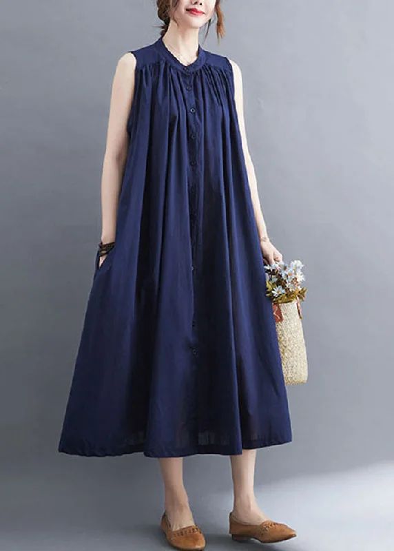 Warehouse Sale Original Design Navy O-Neck Button Cotton Maxi Dress Sleeveless