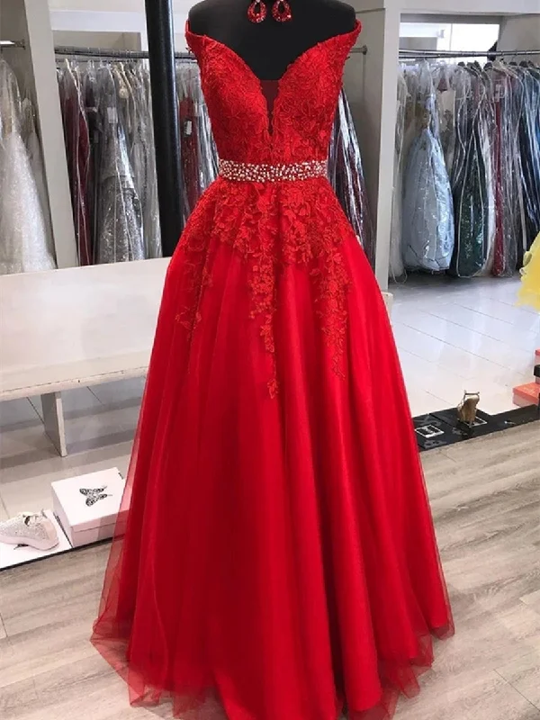 Super Sale Elegant Off Shoulder Red Lace Long Prom Dresses with Belt, Off Shoulder Red Formal Dresses, Red Lace Evening Dresses Super Sale Elegant Off Shoulder Red Lace Long Prom Dresses with Belt, Off Shoulder Red Formal Dresses, Red Lace Evening Dresses