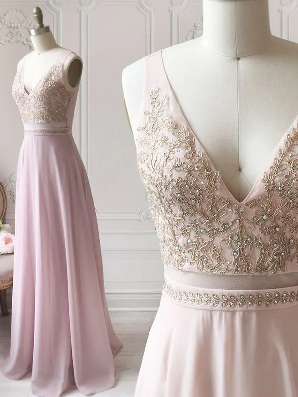 Price Blitz A Line V Neck Beaded Lace Pink Long Prom Dresses, Pink Lace Formal Dresses, Pink Evening Dresses, Bridesmaid Dresses