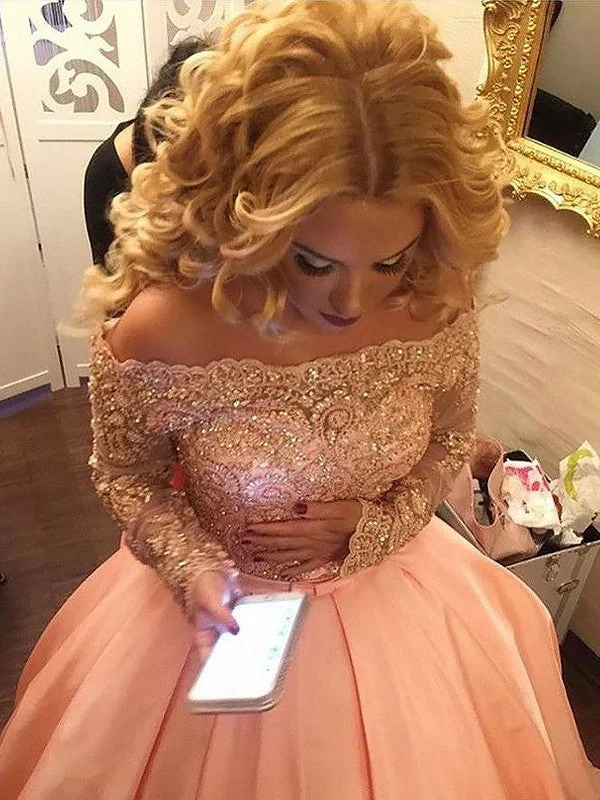 Limited Stock Pink Off Shoulder Long Sleeves Satin Beaded Long Ball Gown, Pink Prom Dresses, Formal Dresses Limited Stock Pink Off Shoulder Long Sleeves Satin Beaded Long Ball Gown, Pink Prom Dresses, Formal Dresses