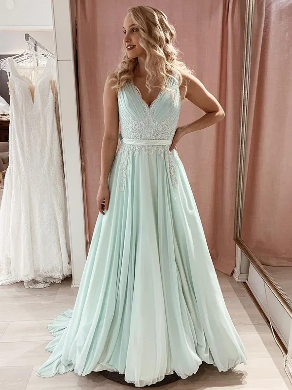 Best Bargains A Line V Neck Long Mint Green Lace Prom Dresses, Mint Green Lace Formal Graduation Evening Dresses