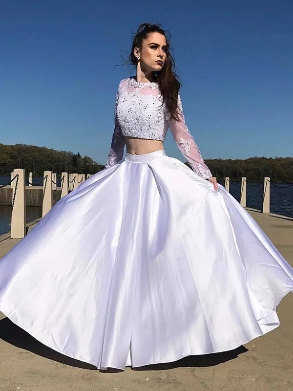 One-DAY Sale Round Neck Long Sleeves Two Pieces Lace White Prom Dresses, Long Sleeves White Lace Formal Dresses, Two Pieces White Lace Evening Dresses One-DAY Sale Round Neck Long Sleeves Two Pieces Lace White Prom Dresses, Long Sleeves White Lace Formal Dresses, Two Pieces White Lace Evening Dresses
