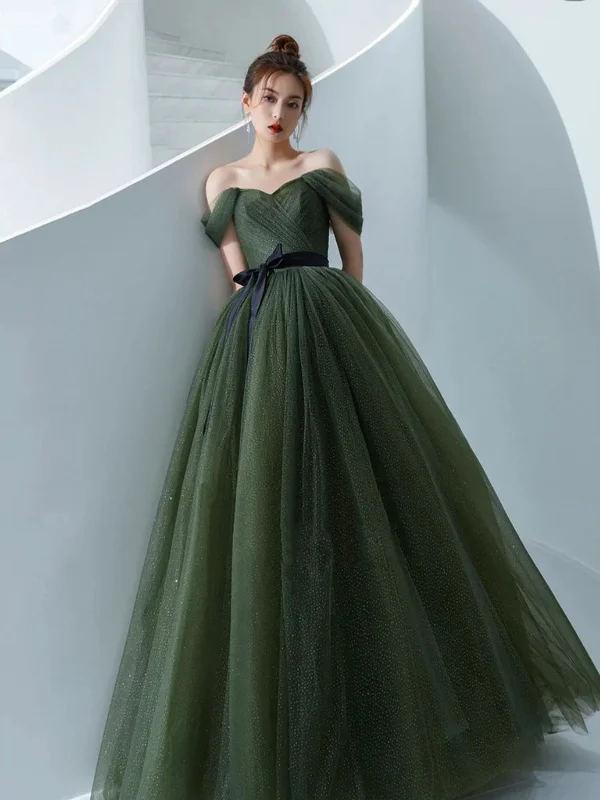 casual day dresscasual day dressOff the Shoulder Dark Green Tulle Long Prom Dresses, Dark Green Formal Graduation Evening Dresses SP2794