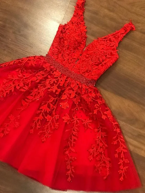 wool dresswool dressCute V Neck Short Red Lace Prom Dresses with Belt, Red Lace Formal Graduation Homecoming Dresses